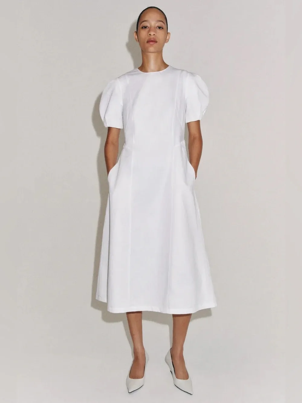 NWOT  ZARA WOMAN COLLECTION White Puff-Sleeve Midi Dress SIZE L